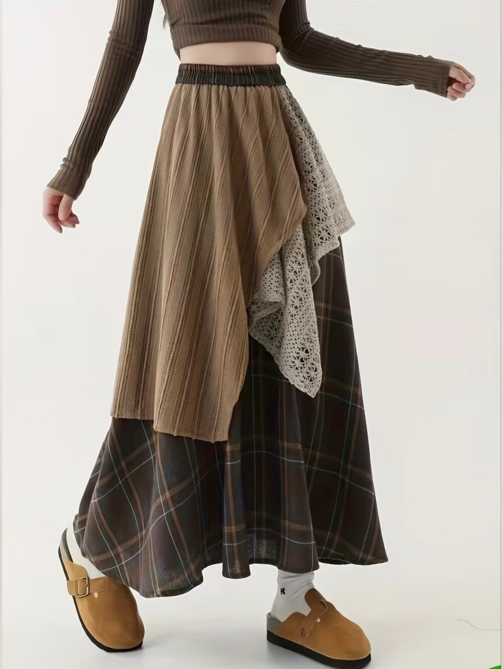 Skirt, Irregular A-Line Plaid Lace Trim High-Waist Loose Fit Design, Casual